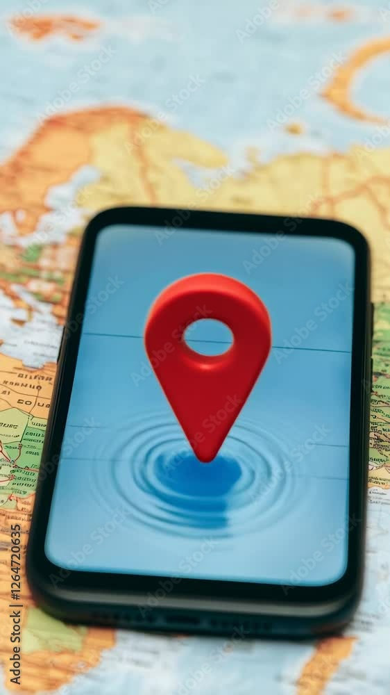 Poster location services on a smartphone are visualized with a red location pin bouncing on the phone's scr