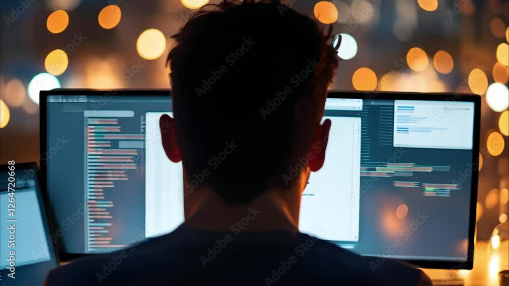 Poster a person working at a computer desk at night, with multiple screens and a background of blurred ligh