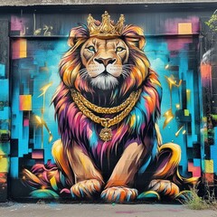 Colorful Lion King Graffiti Art on wall. Use mural backdrop, street art promotion