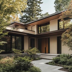 Fototapeta premium Modern home exterior nestled in lush green foliage