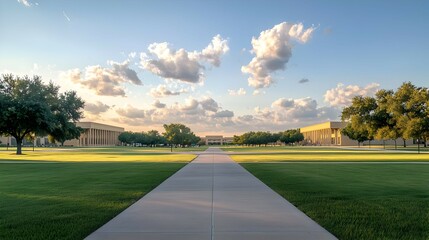 Pathway Through a Green Landscape with Buildings in the Background