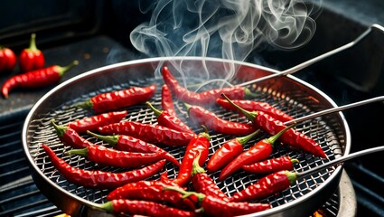Grilled fresh red chili peppers steaming in basket