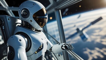 Fototapeta premium robot, robotic, droid, pointing robot, space robot, space, outer space, search robot, space station, repair, search, explore, science, computer, research, advancement, technology, future, modern, mach