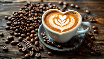 Heart-shaped latte art beside scattered coffee beans