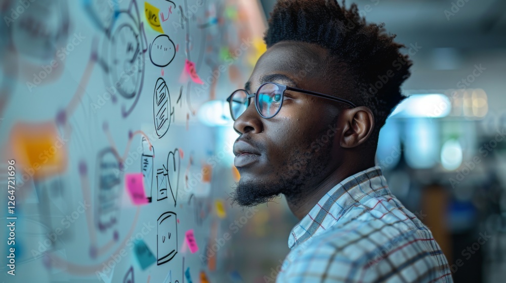 Poster A focused individual is analyzing creative ideas on a clear wall covered in colorful sticky notes and sketches within a contemporary workspace filled with natural light.