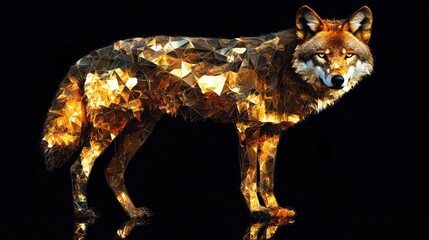 A dazzling low-poly golden timber wolf standing, reflecting glowing faceted textures.