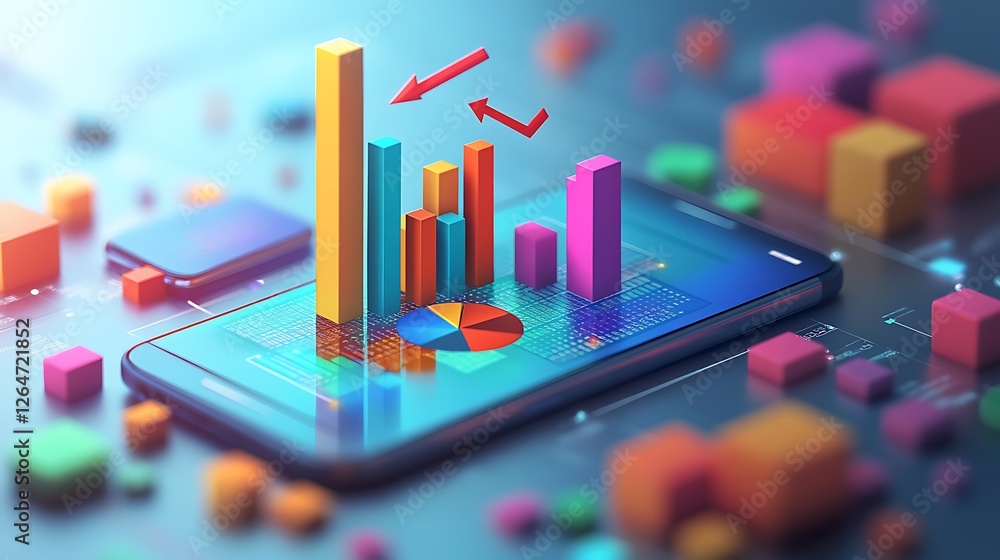 Poster smartphone with 3d charts representing data analysis, a smartphone displaying colorful graphs and ch