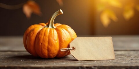 A small autumn pumpkin rests on a rustic wooden surface next to a blank tag, ready for a personalized message or label.