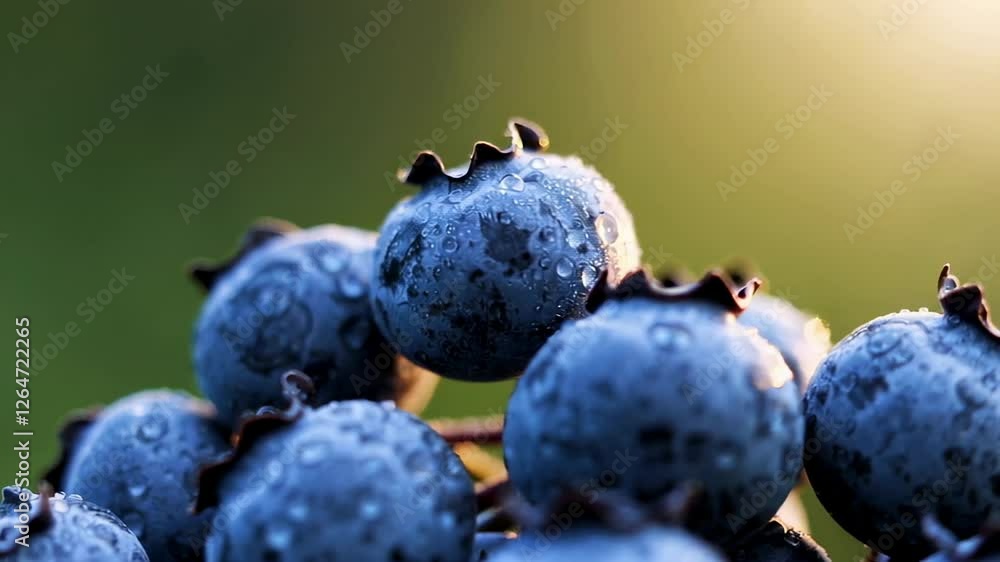 Poster Fresh blueberries covered in morning dew glisten in the soft sunlight of dawn, creating a serene and appetizing scene, captured in a slow motion sequence