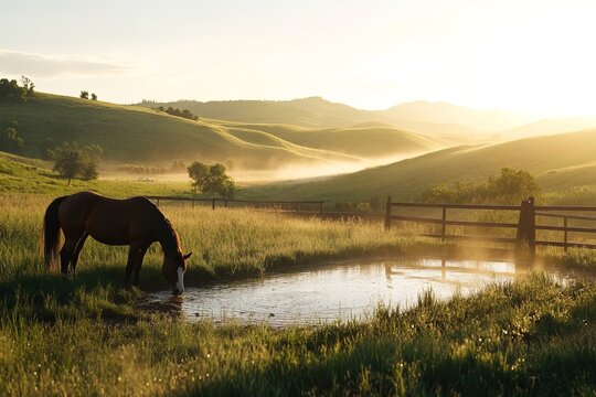 a brown horse drinks water from a pond against a background of a green field in the early morning with fog - Powered by Adobe