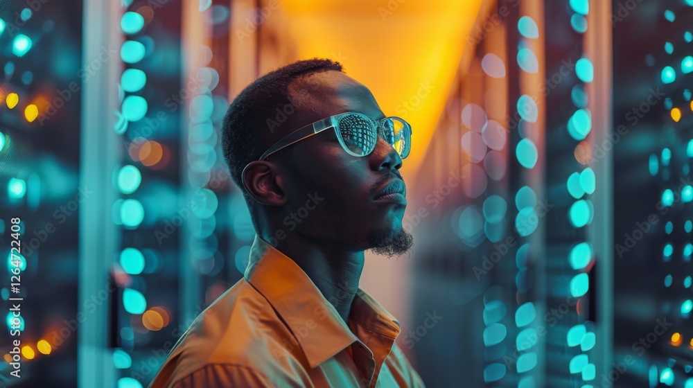 Poster A young man dressed in a vibrant shirt stands confidently in a futuristic server room. Colorful lights create a dynamic atmosphere as he contemplates the impact of technology.