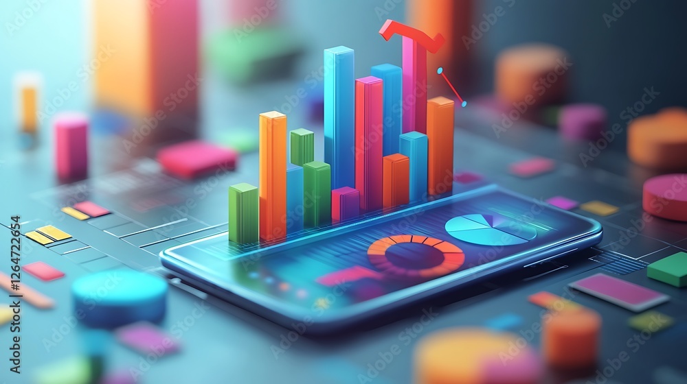 Poster smartphone with 3d charts representing data analysis, a smartphone displaying colorful graphs and ch