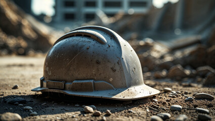 Abandoned Hard Hat in a Ruined Construction Site ideal for themes related to construction safety, workplace hazards, industrial decline, or disaster aftermath