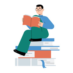 Male Student Reading A Book Sitting On A Stack Of Books In Flat Vector Illustration Symbolizing Knowledge, Literature, And Education, Isolated On White Background