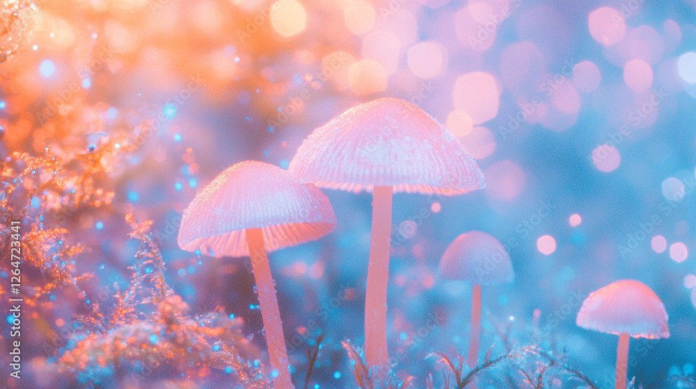 Poster mushrooms glow softly in a mystical forest during twilight, creating a dreamlike atmosphere filled w