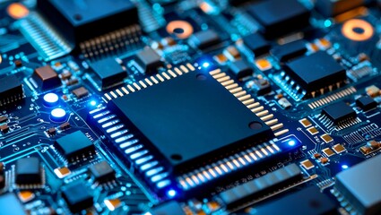 Obraz premium Intricate microchip circuit board illuminated by blue lights