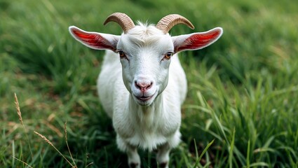Obraz premium Joyful white goat smiling on lush green grass