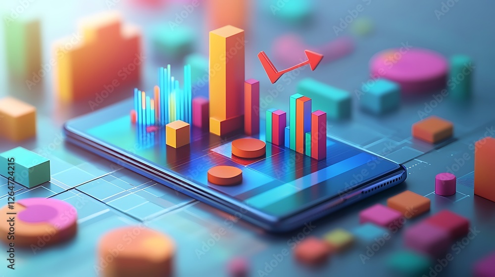 Poster smartphone with 3d charts representing data analysis, a smartphone displaying colorful graphs and ch