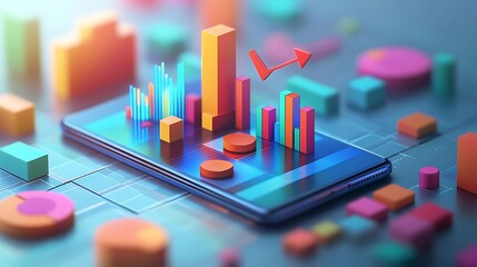 Smartphone with 3D Charts Representing Data Analysis, A smartphone displaying colorful graphs and charts, surrounded by 3D bar and pie charts