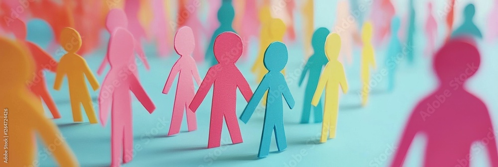 Poster an eye-catching depiction of colorful paper figures in a circular formation representing unity and j