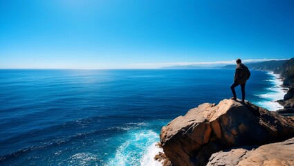 Lonely figure overlooking the vast ocean horizon
