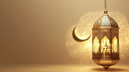 3d render hanging golden lantern and moon in beige background, Eid Mubarak and Ramadan Kareem greetings in Islamic, Copy space 