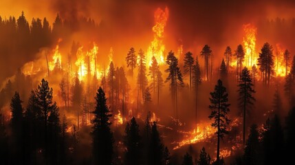 A dense forest engulfed in flames
