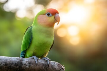 Sunset Green Parrot Perched Branch Jungle