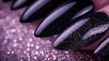 These beautifully manicured almond-shaped nails shine with a deep black finish, embellished with glimmering silver glitter