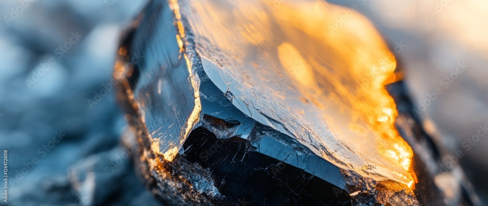 Aufkleber close-up view of polished obsidian stone showcasing its glassy surface and deep black color with int