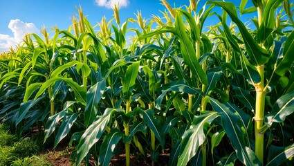 Lush green corn plants under bright sunny sky