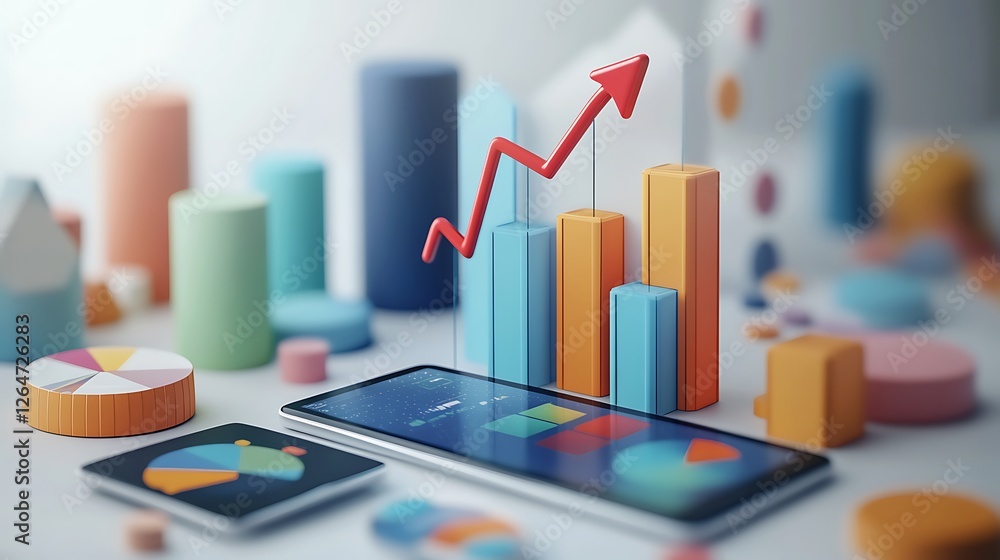 Poster smartphone with 3d charts representing data analysis, a smartphone displaying colorful graphs and ch