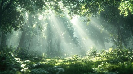 Obraz premium Sunlight filtering through lush green trees in a serene forest, creating a magical atmosphere