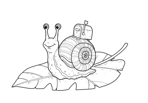 Fun black and white coloring book page, adorable snail carrying a tiny mailbox on its shell, sitting on a large leaf, whimsical and creative design, bold outlines
