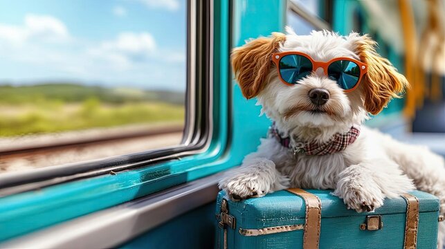 Travel concept cute dog with suitcase , Dog wearing sunglasses on a train journey., vacation tourism