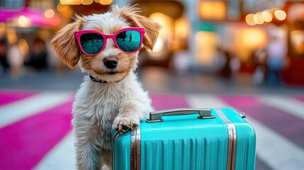 Travel concept cute dog with suitcase , Playful dog ready for a fun vacation adventure., vacation tourism
