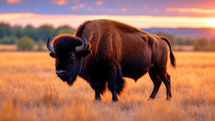 Majestic bison grazing in a golden sunset field