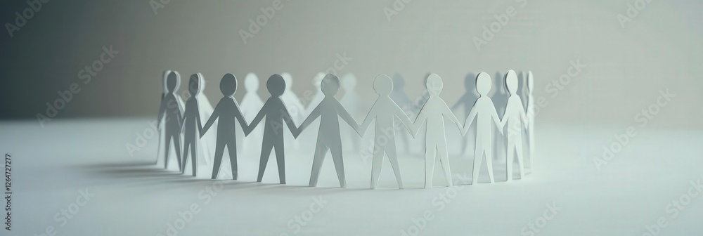 Poster a collection of paper figures standing hand in hand, arranged in a circle, symbolizing unity and fri