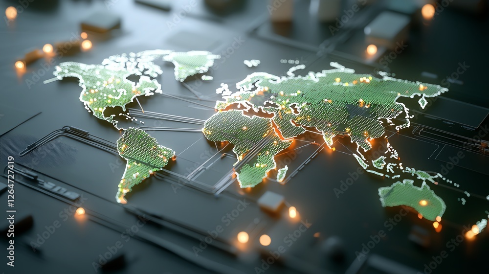 Poster illuminated digital world map on circuit board, representing global technology connections and innov