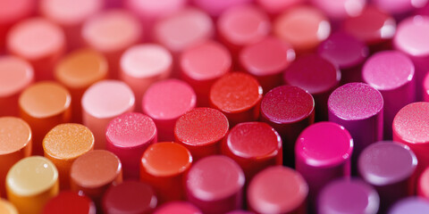 Colorful lipstick assortment neatly arranged closeup vibrant cosmetic makeup beauty concept shimmer collection