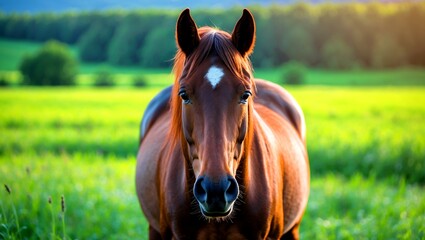 Fototapeta premium Majestic brown horse gazing in lush green meadow