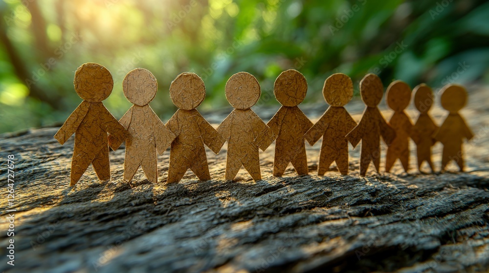 Poster a line of brown paper figures holding hands, set against a lush, green background, representing stre
