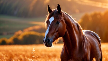 Fototapeta premium Majestic horse portrait in sunlit golden field