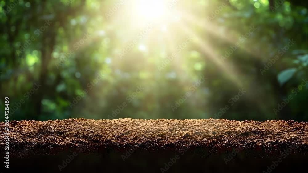 Poster a close-up of soil with sunlight streaming through a lush green forest in the background, creating a