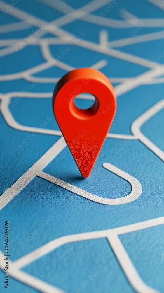 Poster location marker standing on stylized map with white roads, representing geolocation, navigation conc