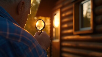 Man inspecting log cabin at sunset; home inspection