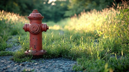 Fototapeta premium A vibrant red fire hydrant standing on a gravel path surrounded by lush green grass in the sunset