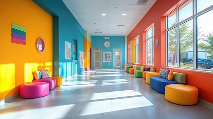 A pediatric hospital ward with colorful walls, toys, and children receiving care.

