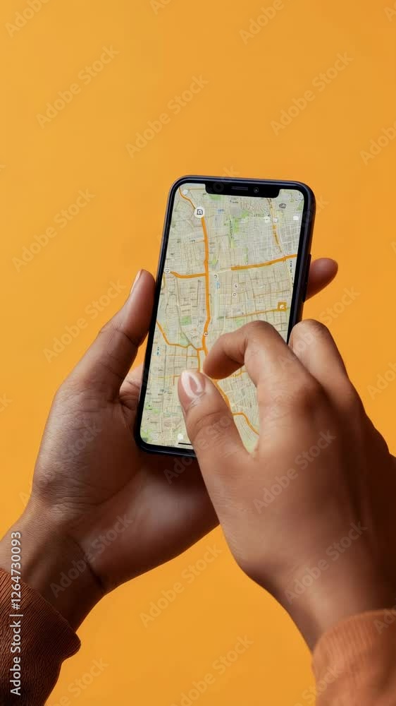 Poster Navigating digital landscape, smartphone user browsing online map application with precise finger movements against vibrant orange background, revealing modern communication technology