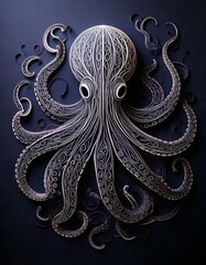 Intricate Steampunk-Inspired Octopus Illustration with Ornate Patterns and Flowing Tentacles in a Detailed, Monochrome Fantasy Design

